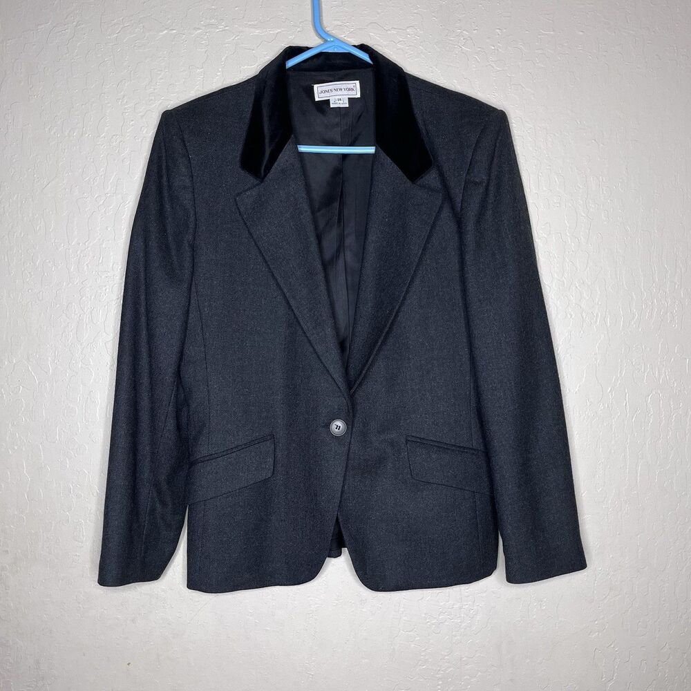 Vintage Jones New York Dark Gray Wool Velvet Collar Blazer Jacket Women’s SZ 14